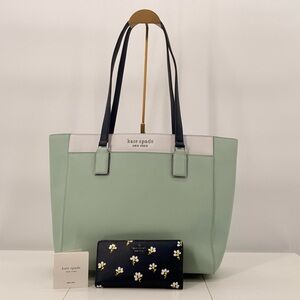 Kate Spade Large Mint Navy Colorblock Tote Set w Wallet EUC
